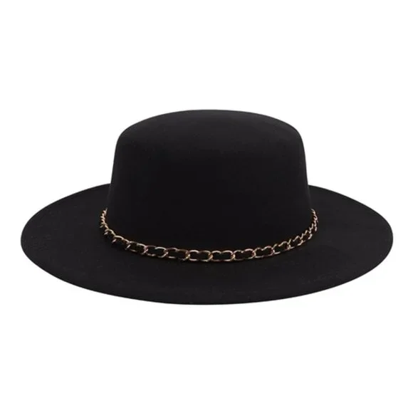 Black Felt Wide Brim Hat w/ Golden Chain Link Accent Chain Wide Brim Hat - Black/Gold | Boston Proper main image 4